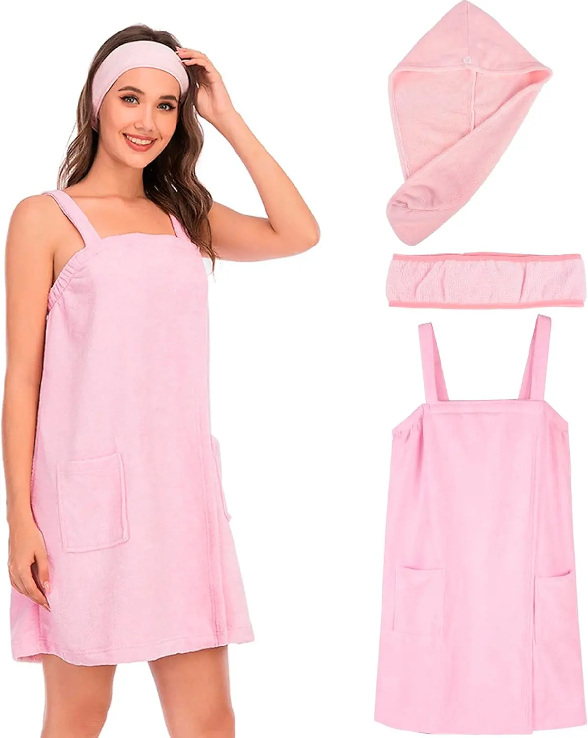 QZUnique Women's Bath Wrap Towel Loungewear - Adjustable Strap Closure, Turban Headband, Shower Robe Dress