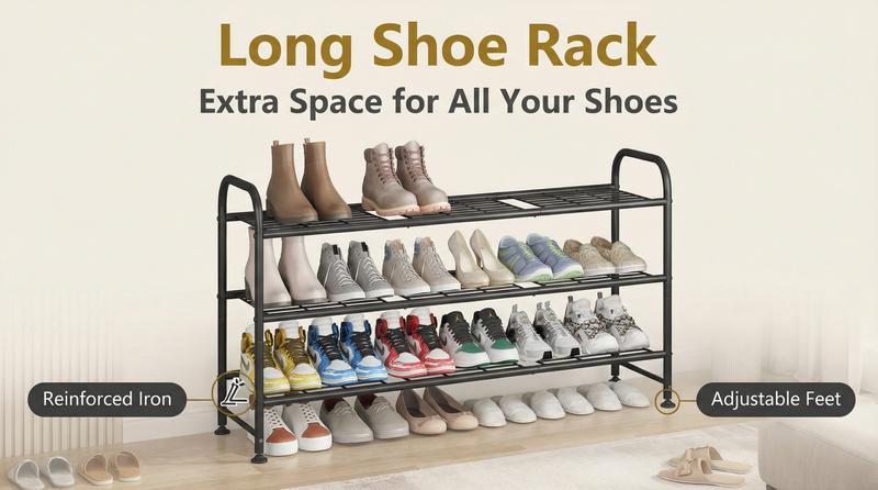 SUOERNUO 2/3/4 Tier Metal Shoe Rack Long Shoes Storage Organizer for Closet Entryway Black Grey Paint Adjustable Room Organizing Large Capacity Multipurpose Shoe Rack Easy to Assemble