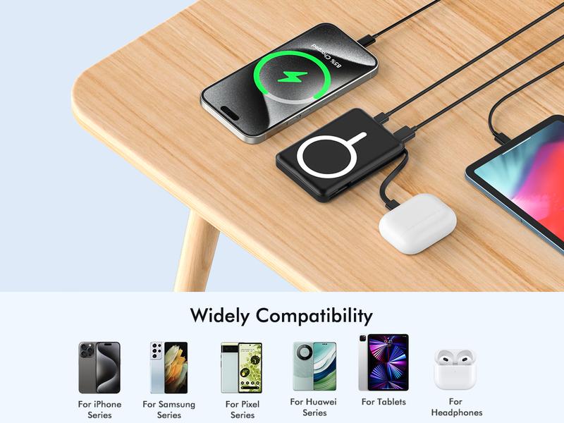 Podoru for MagSafe Battery Pack, 10000mAh Power Bank Built-in USB-C Cables Wireless Magnetic Portable Charger for iphone 15 and above model