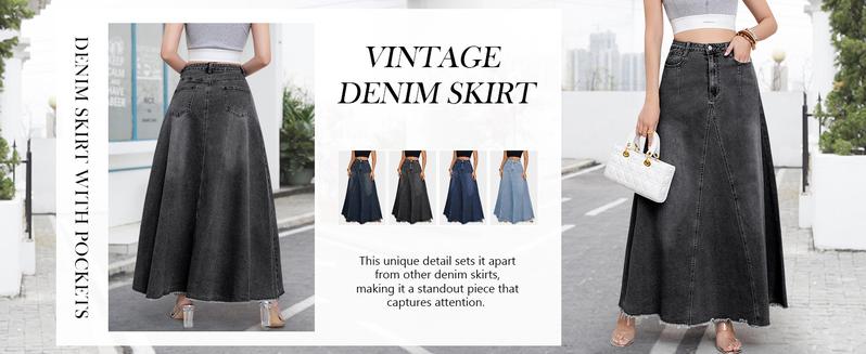 【New Arrival】Ebossy Women's Retro Distressed High Waist Frayed Hem A Line Wash Maxi Long Denim Skirt with Pockets & Tassels for Casual & Party Wear