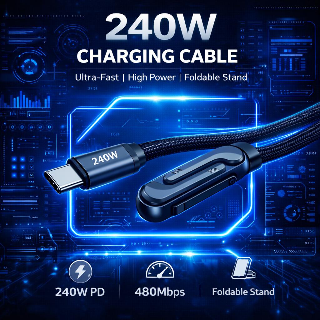 LWW 240W USB-C to USB-C Fast Charging Cable with Built-in Phone Stand, Right Angle Braided Type-C Cord for iPhone 15, iPad, MacBook, Gaming & Desk Use, PD 3.1 Durable Charger, 3-Pack