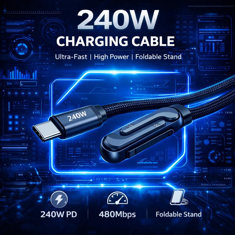 LWW 240W USB-C to USB-C Fast Charging Cable with Built-in Phone Stand, Right Angle Braided Type-C Cord for iPhone 15, iPad, MacBook, Gaming & Desk Use, PD 3.1 Durable Charger, 3-Pack