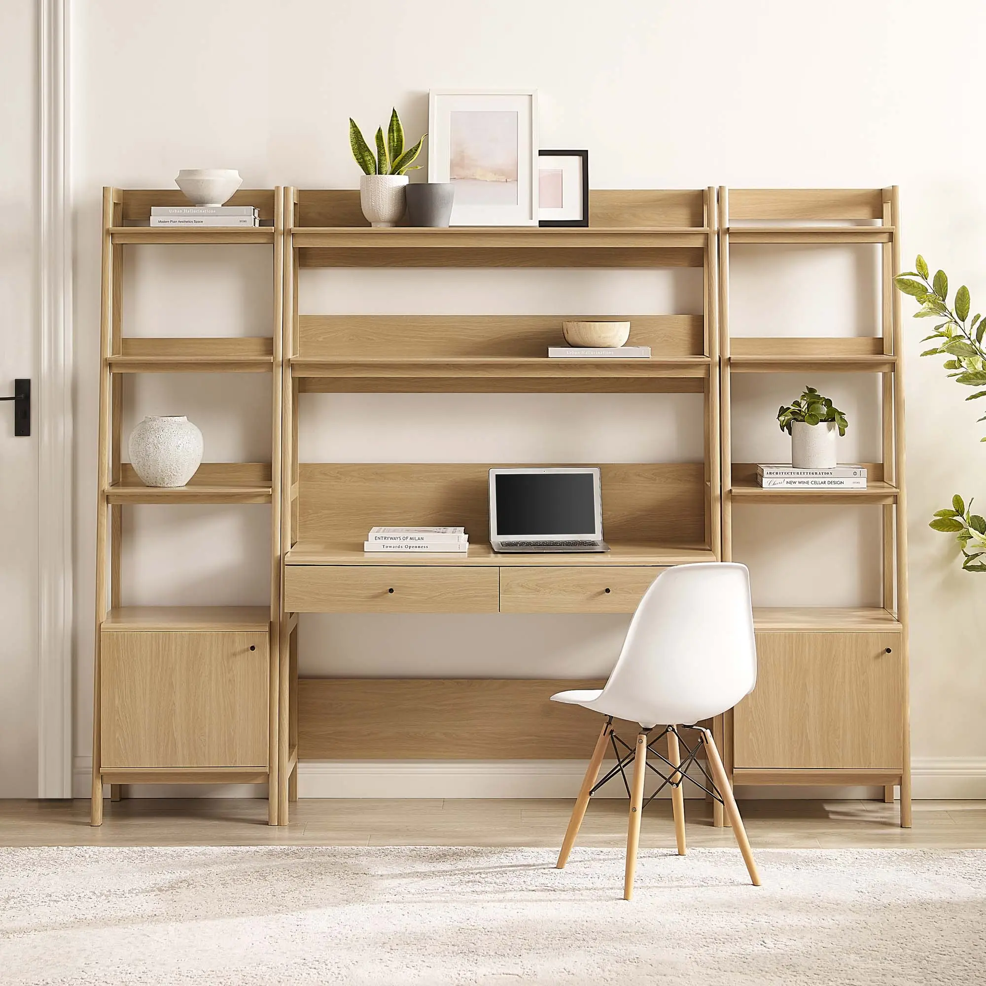 Modway Bixby 3-Piece Oak Wood Office Desk - Slimline Computer Table with Storage Organizer, Tiered 3-Shelf Bookshelf and Furniture Drawer, Three-Shelf