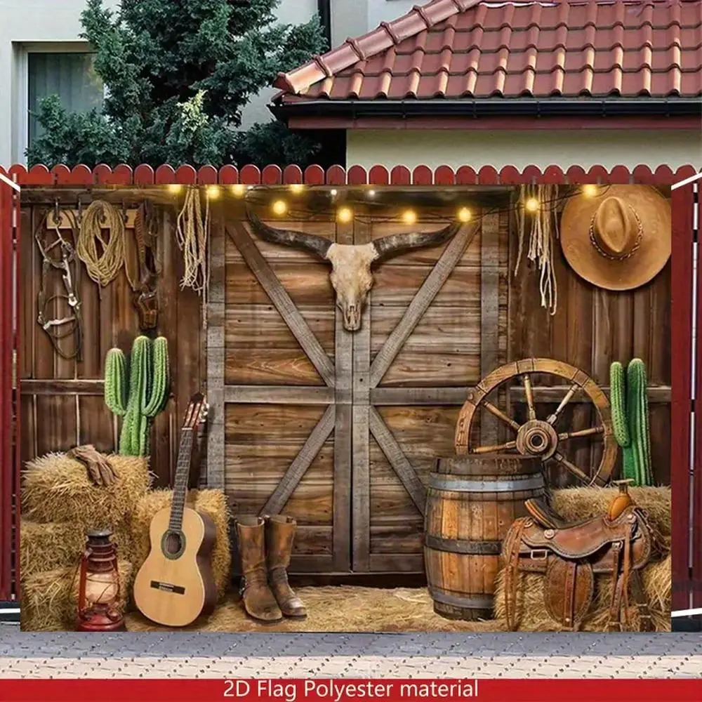 1PC,2D Flat Backdrop Western Cowboy Theme Party Decor Backdrop, Rustic Barn Door, Cactus, Haystack, Guitar, Cowboy Elements, for Birthday Party, Yard Decoration, Photo Backdrop Curtain