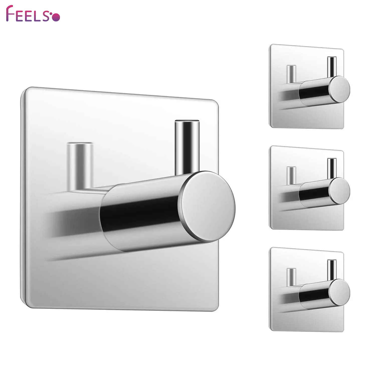 FEELSO 4-Pack No-Drilling or Holes Stainless Steel Towel Hooks, Heavy-Duty Storage Hooks Set with 5 kg Load Capacity, Water-Protective, Removable Without Residue for Bathroom, Kitchen Use