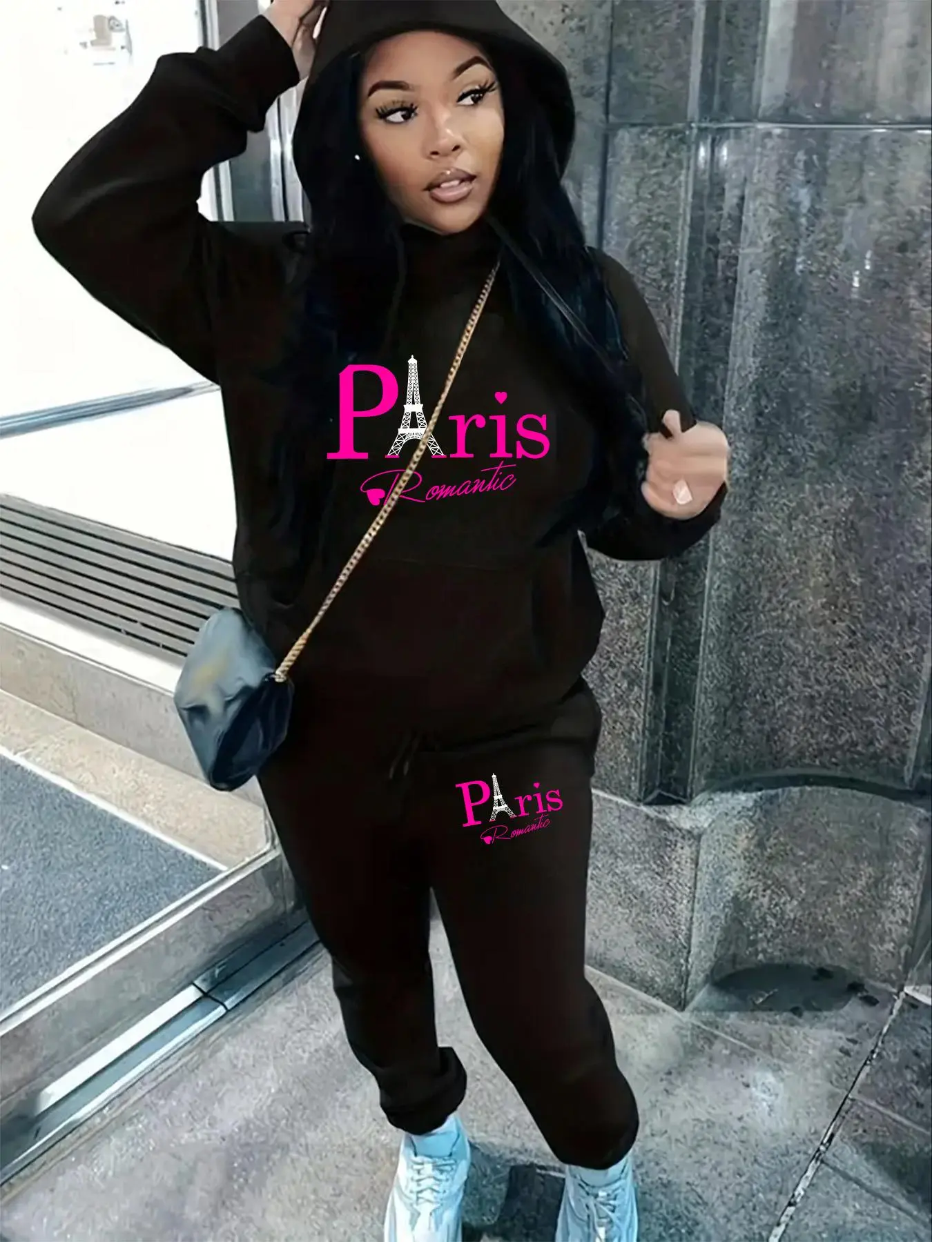 [Plus Size] Two-Piece Set Letter Print Drawstring Pocket Hoodie & Sweatpants Set, Casual Long Sleeve Hooded Sweatshirt & Jogger Pants, Women's Fall & Winter Clothes, Casual Loungewear Set