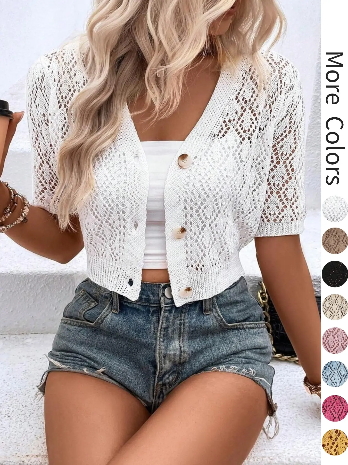 Women's V Neck Basic Plain Hollow Out Button Front Knit Cardigan, Casual Spring Summer Short Sleeve Lightweight Short Cardigan, Women's Knitwear for Daily Wear, Knitting, Tops, Everyday