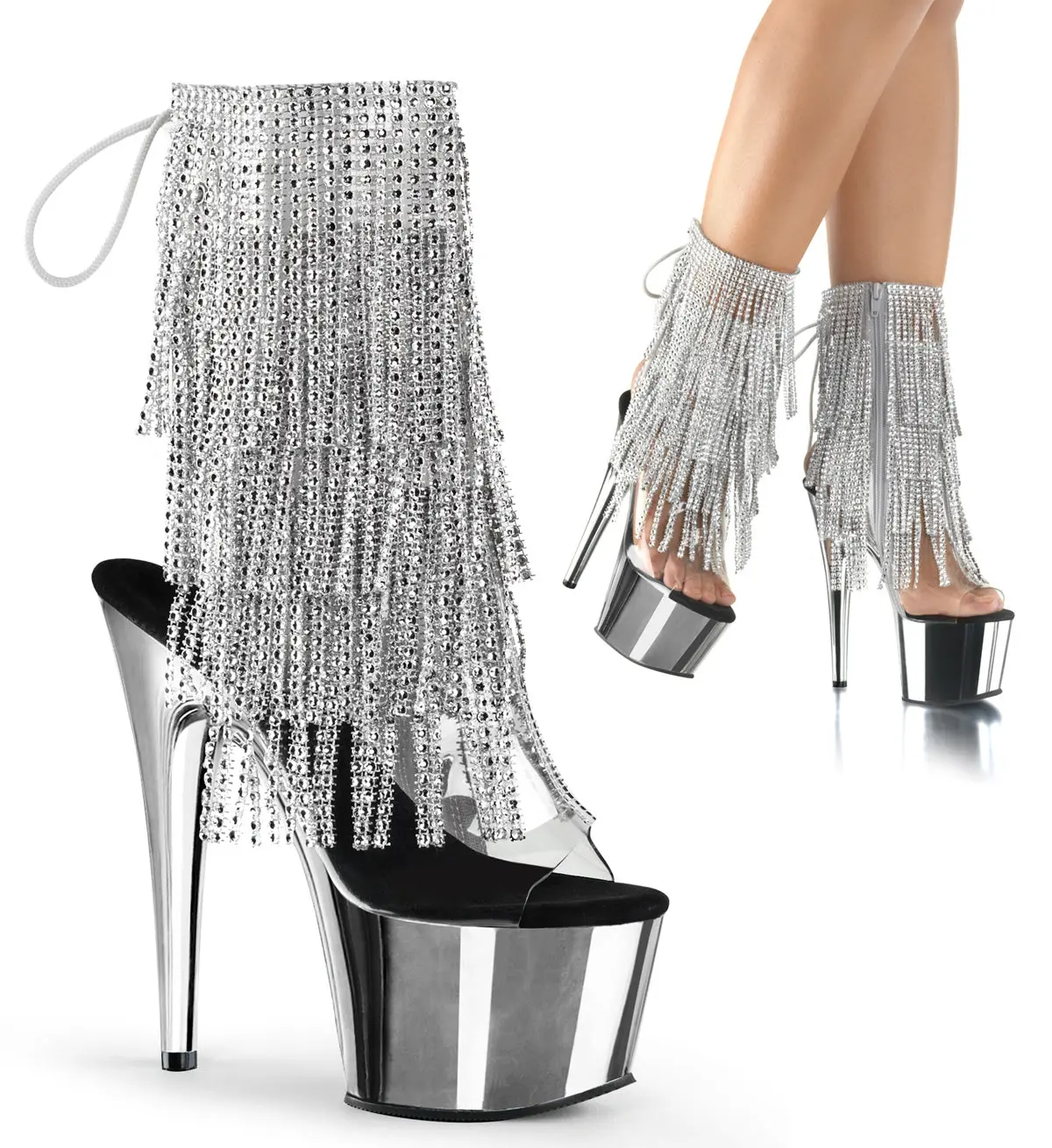 Pleaser Women's Adore-1017RSF Ankle Boots, Stiletto High Heels with Rhinestone Fringe, Open Toe 7" Platform Shoe