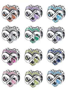 Infinity Birthstone Heart Charm, 925 Sterling Silver, 12-Month Birthstone, Engraved Month & Infinity Symbol, Sparkling Paved Design for Bracelets, Personalized Birthday Gifts & Family Jewelry (Silver)