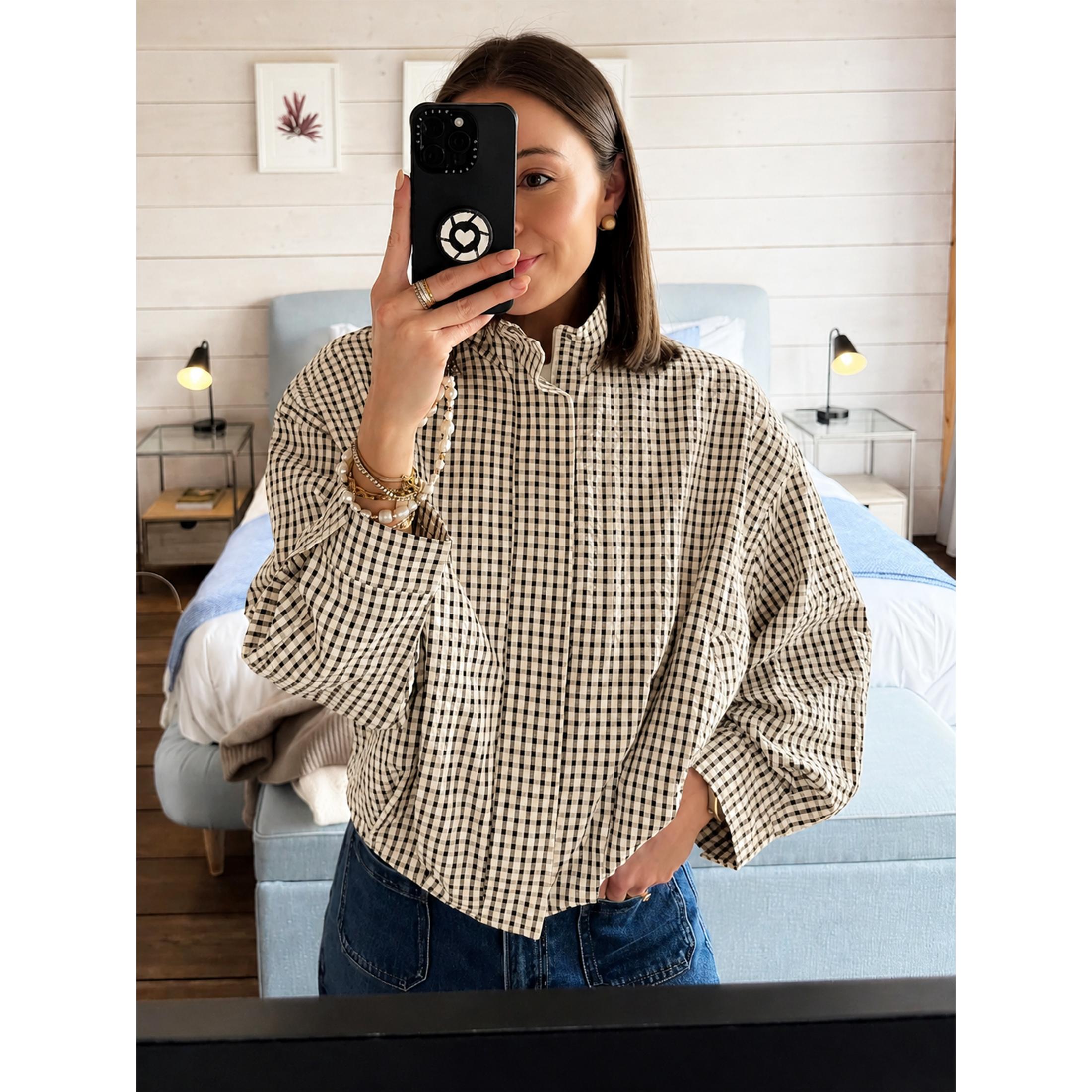 Wandal Women Stand High Neck Gingham Blouse, Oversized Balloon Long Sleeve Vintage Checkered Shirt, Loose Casual Woven Plaid Top