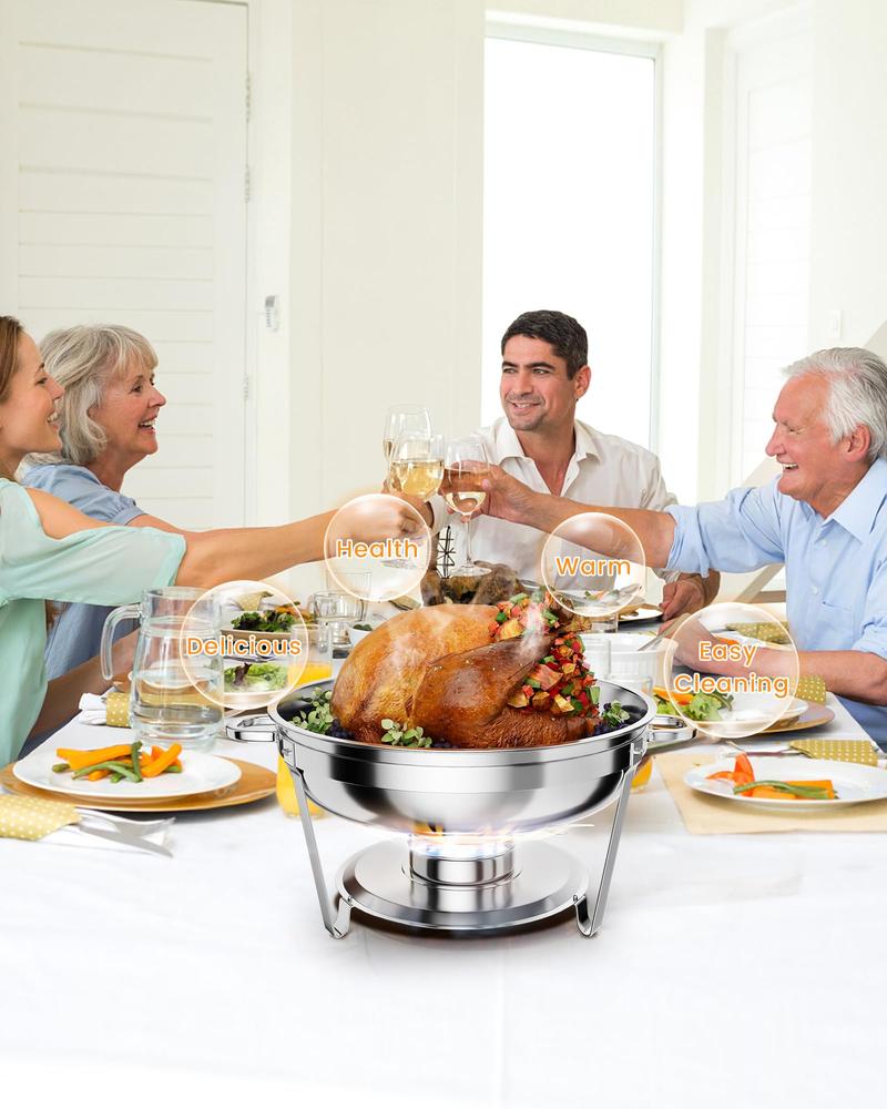 【GARVEE】Professional Stainless Steel Chafing Dish 5QT Round Buffet Server & Warmer Rust Resistant Casserole Cooking Container 2 4 or 6 Pack Options