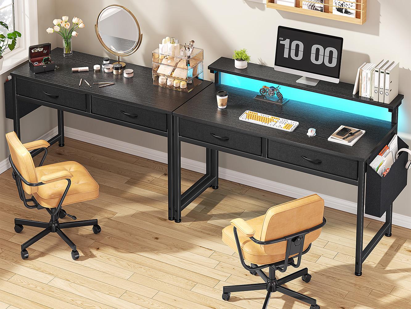 【Vanity & Computer Desk】31.5'' Gaming Desk with LED Lights in Dorm & Tiny home,Computer desk with 2 Storage Drawers,Home Office Desk with Side Pocket & Ergonomic Monitor Stand,Writing Table with Anti-Tip Design, Nice gift for Women and Teens