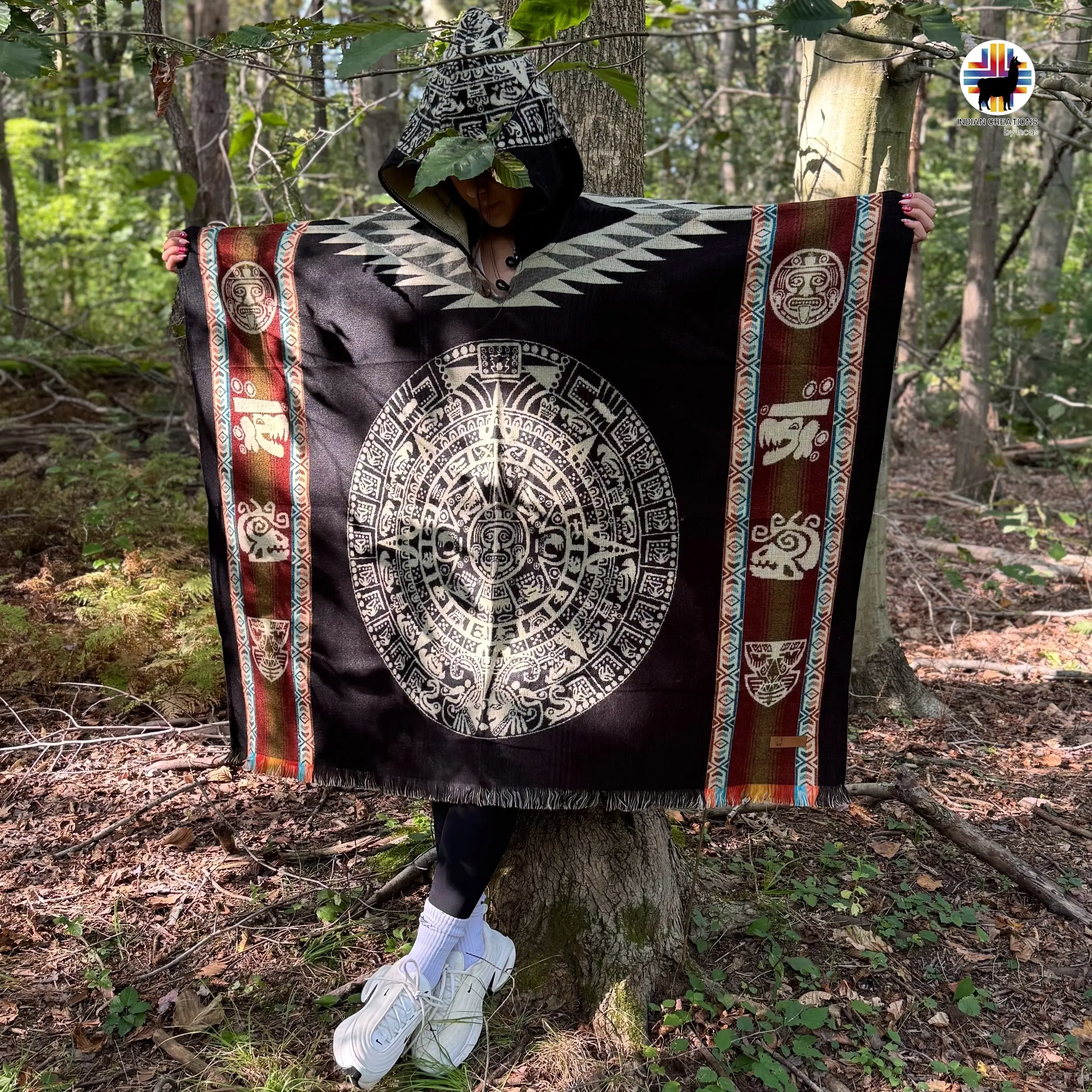 Indian Creations Aztec Calendar Alpaca Wool Poncho Handmade in Ecuadorian Andes Unisex Winter Hoodie Sweatshirts for Women & Men