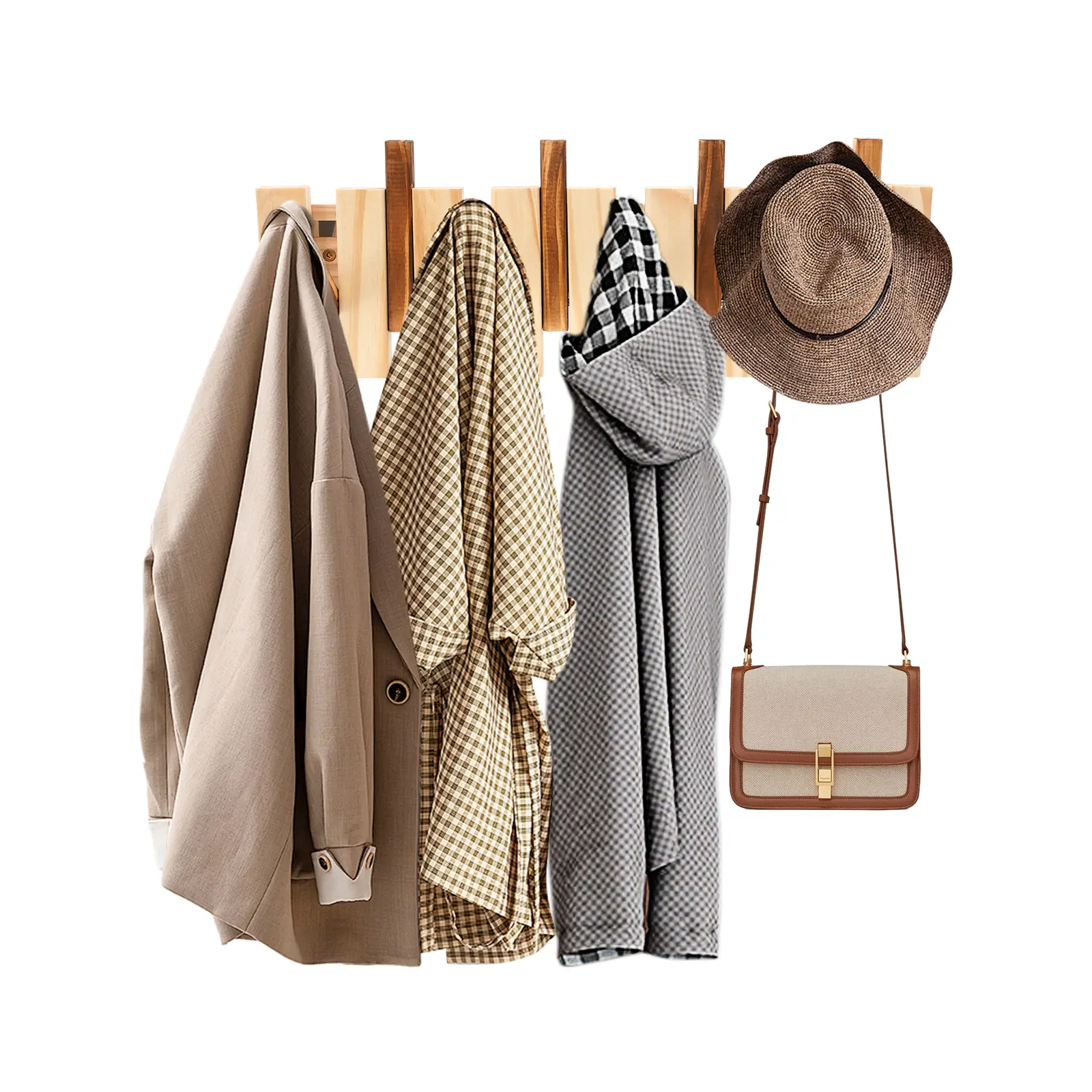 Carbonized Pine Wooden Wall-Mounted Coat Rack - 8 Magnetic Auto-Retractable Hooks, 45° Angled Design, 5.9in Sturdy Hanger for Coats, Hats, Bags, Towels - Space-Saving Decor Hanging Organizer for Entryway, Living Room, Office, Home Decor