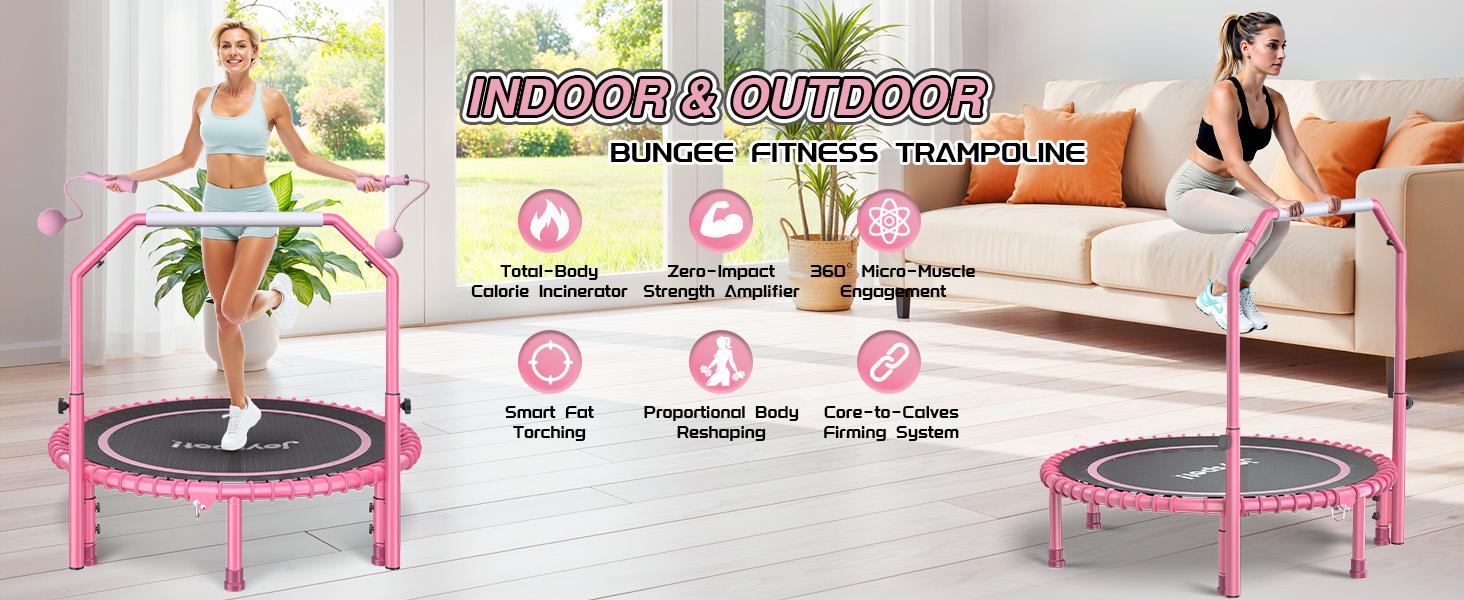 JoySpot 450 LBS Foldable Trampoline, 40" Indoor Fitness Rebounder with U-Shape Adjustable Foam Handle, Quiet Bungee Jump System & Cordless Jump Ropes, Indoor&Outdoor fitness, Yoga, for Adults