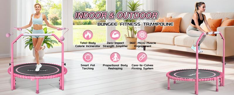 JoySpot 450 LBS Foldable Trampoline, 40 inch Indoor Fitness Rebounder with U-Shape Adjustable Foam Handle, Quiet Bungee Jump System & Cordless Jump Ropes, Indoor fitness, Outdoor fitness, Yoga, Valentine's gift, for Adults