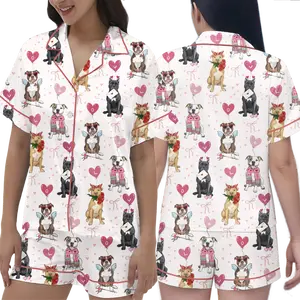 Valentine Dog Pitbull Short Pajamas Set, Lovely Dogs With Love Letter & Bubble Text Design Loungewear, Gift For Girlfriend, Comfy Sleepwear | 050126.R2398.ID00