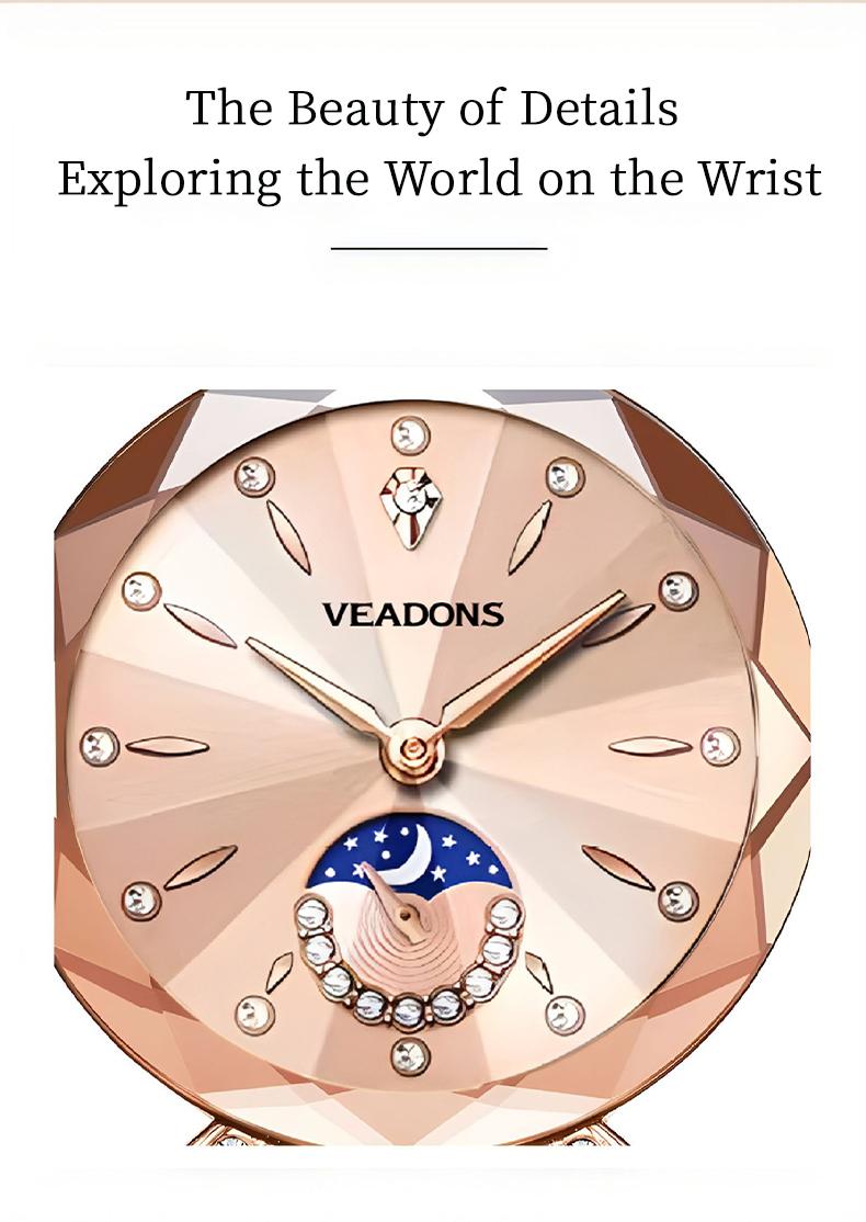 VEADONS Luxury Women's Jewelry Watch Diamond Cut Crystal Stainless Steel Case Water Resistant Moon Star Sun Design Elegant Wristwatch Perfect Gift for Her