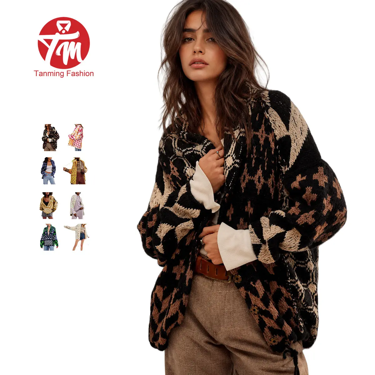 Tanming Women's TikTokShopBlackFriday Oversized Geometric Checkered Cardigan Sweater Long Sleeve Drop Shoulder Chunky Knit Plaid Shawl Collar Coats Y2k Print for Autumn Winter Casual Wear Polyester Material Breathable Fit Medium Tops,summerwins Lightweigh