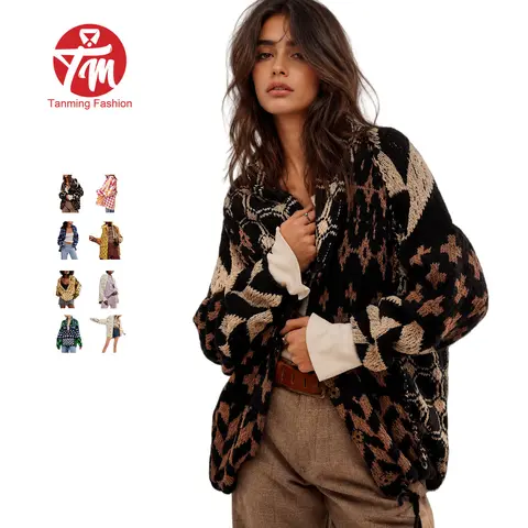 Tanming Womens Geometric Plaid Cardigans Shawl Collar Oversized Chunky Knit Long Sleeve Sweaters Jackets Casual Spring Fall Winter Work School Vacation Outfits Clothing