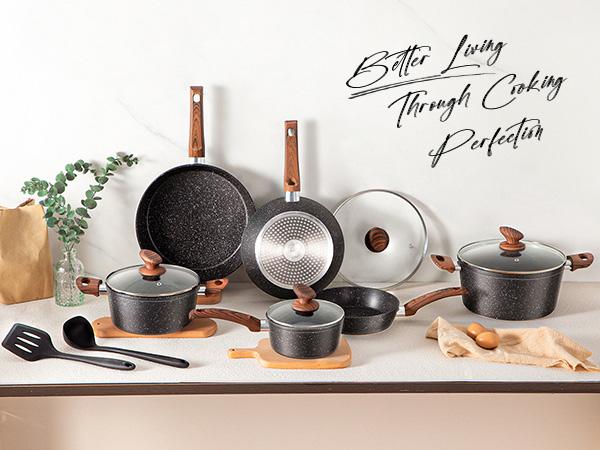 [New Colors] Kitchen Academy 12 Piece Nonstick Pots and Pans Set, Non Stick Induction Cookware Set, Kitchen Cooking Set, Frying Pans Saucepans, Silicone Steel Aluminium Glass Lid Stove