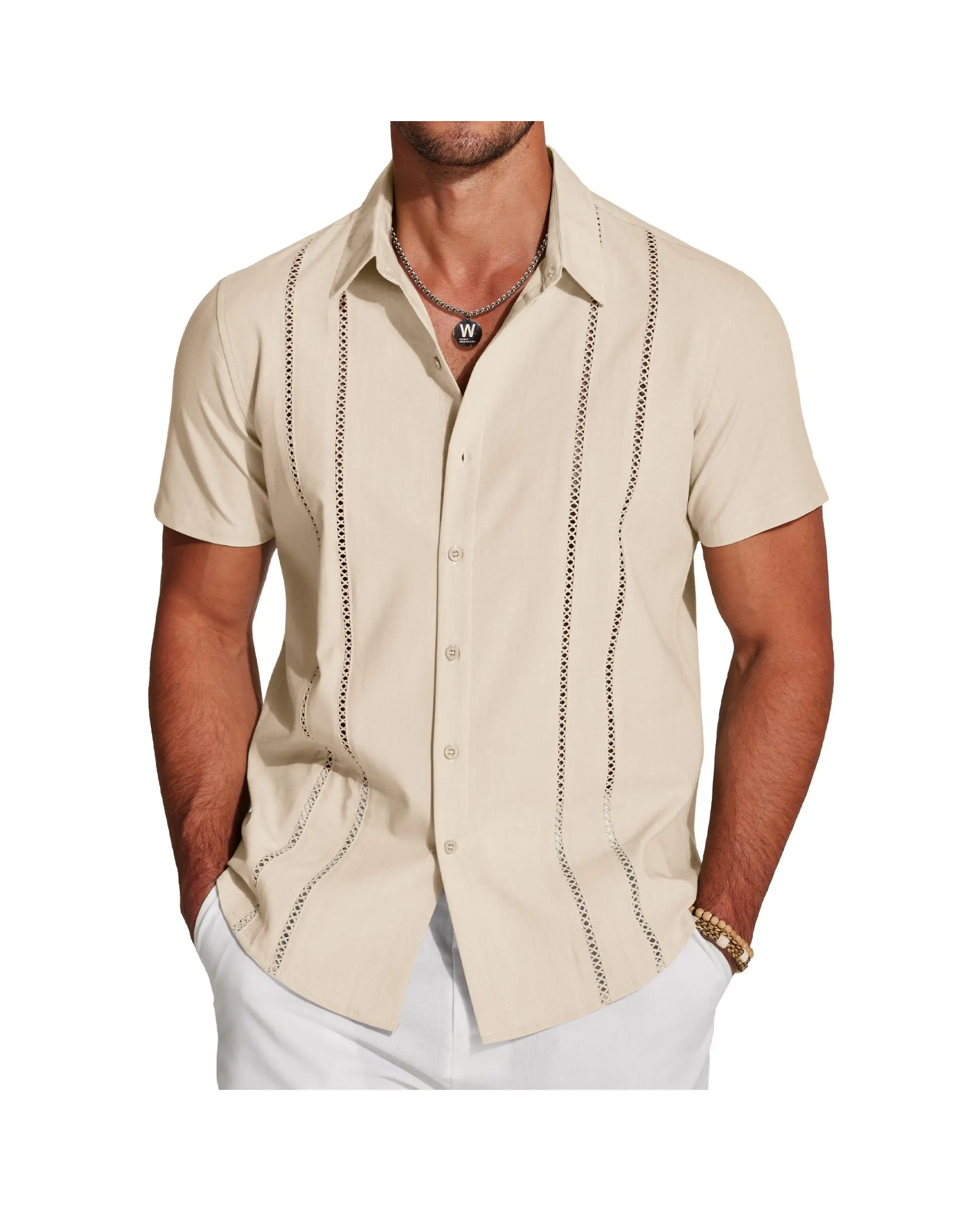 COOFANDY B Men's Cuban Guayabera Shirt Short Sleeve Button Down Shirts Casual Summer Beach Linen Shirts Menswear Soft