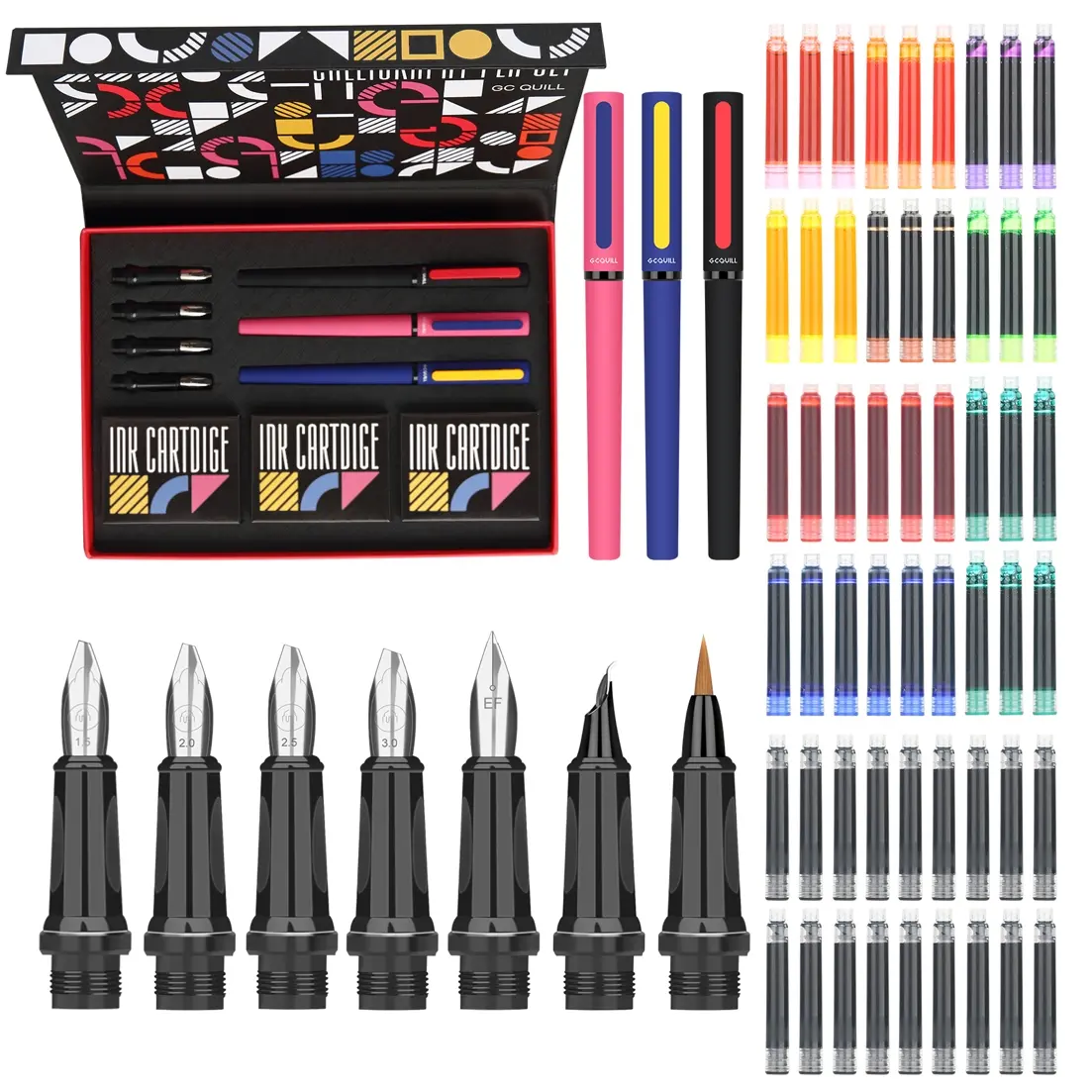 54pcs Calligraphy Fountain Pen Set, Art Materials, Art Craft Supplies, Artist Supplies, Art School Supplies, Includes 3 Pens & 7 Nibs, 54 Ink Cartridges (10 Colors), Ideal for Beginners, Crafts Art Supplies