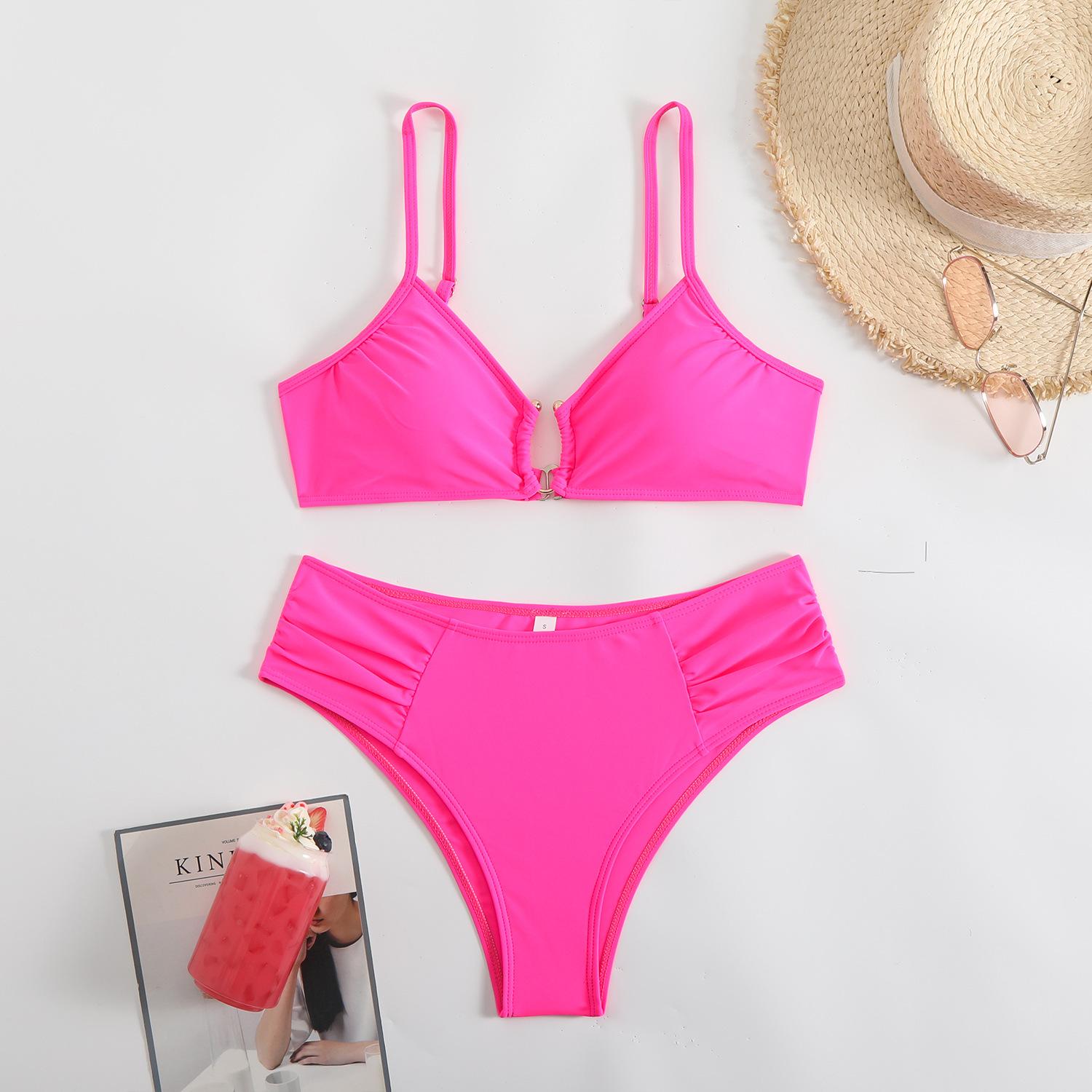 Hilor Women's Two-Piece Bikini Set with Plain Contrast Binding O-Ring Deco Ruch Swim Top & High-Cut Swim Bottoms for Summer Beach Outings