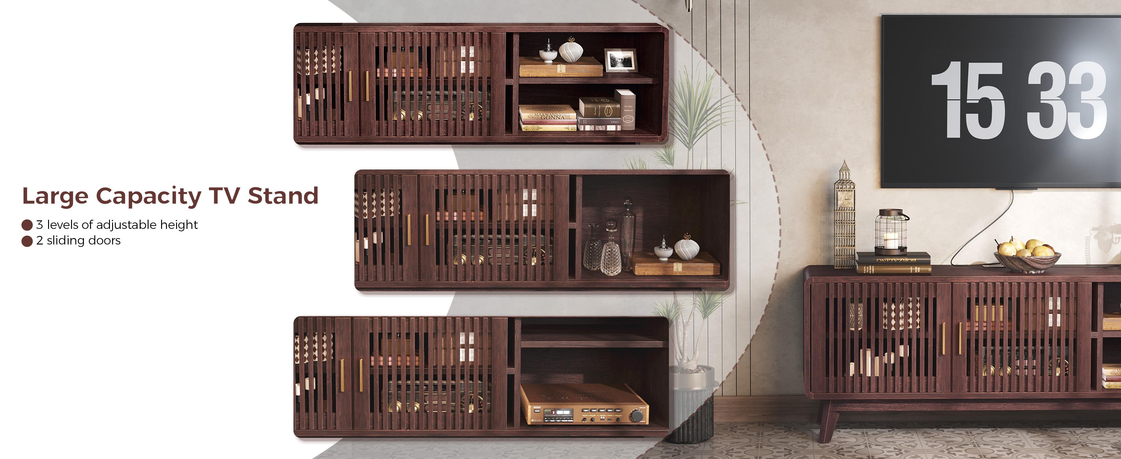 IRONCK 63'' TV Stand for TVs Up to 70", TV Console with 2 Sliding Doors in Grille Design and Charging Station, Mid Century Modern Entertainment Center with Storage for Living Room