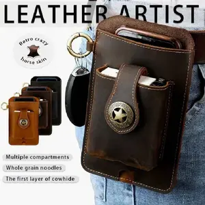 Men's Genuine Leather Waist Bag with Phone Pocket Golden-Tone Hardware & Belt Loop System Secure Zipper Closure Scratch-Resistant Design for Outdoor Gym Work Everyday Carry Compatible with Smartphones & Keys Crossbody Fanny Pack Essential Pack