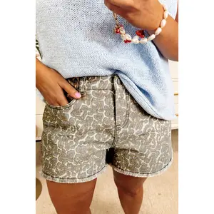 Khaki Leopard Print Raw Edge Denim Shorts