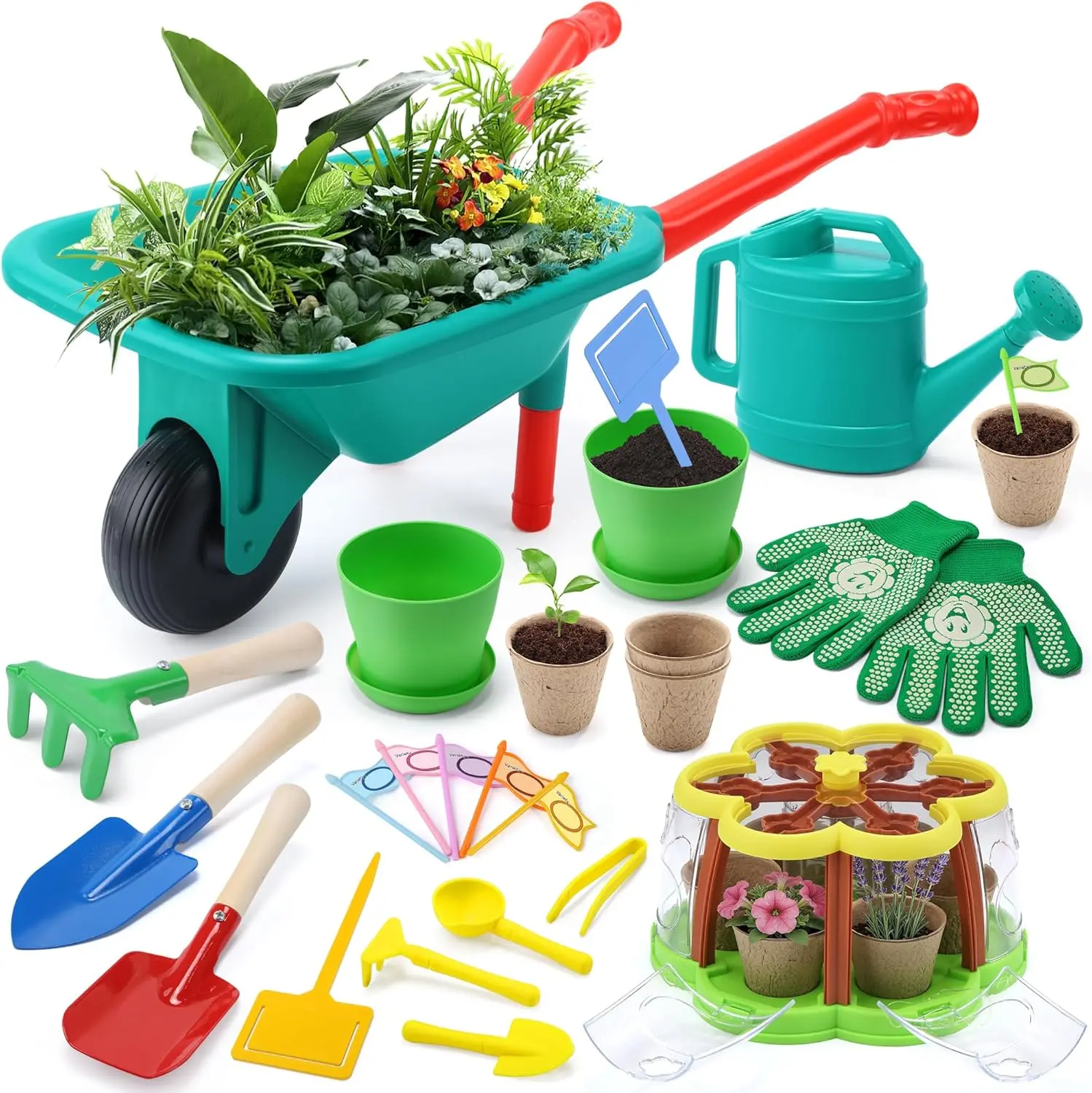 CUTE STONE Kids Gardening Set - STEM Learning Outdoor Sports Toy for 8–10 Yrs, with Wheelbarrow, 3 Thickened Metal Heads Tools, Watering Can, Nursery Cups, Plant Labels, Upgraded Irrigation System, Tools and Gadgets