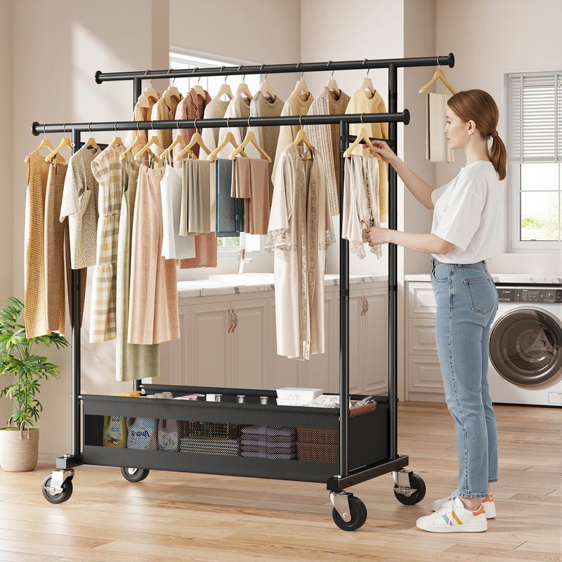 Raybee Clothing Rack with Shelves &Double Hanging Rods, Portable Clothes Rack with Wheels Rolling Garment Rack,  HangingClothing racks Holds Up to 245LBS, Metal Closet Rack, Clothes Organizer Solutions 43.3"Wx22"Dx70.3"H