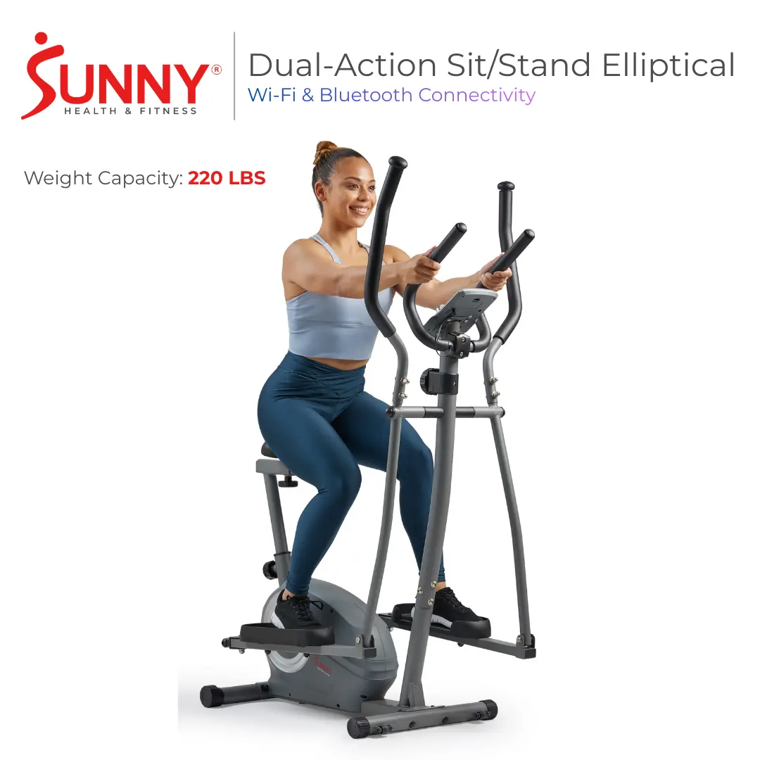 SUNNY Smart 2 in 1 Seated Elliptical Home Gym Workout Fitness Full Body Cross Training Exercise Machine Seated Elliptical and Indoor Exercise Bike with 8 Adjustable Magnetic Resistance Settings Built In Performance Display 220 lbs Capacity