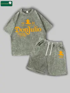 Men’s summer letter-print washed cotton athletic short-sleeve top and shorts set; casual loose fit with a drawstring waist; beach shorts with pockets; emo/moody aesthetic; Y2K style; suitable for running, golf, fishing, basketball, camping, gym, swimming,