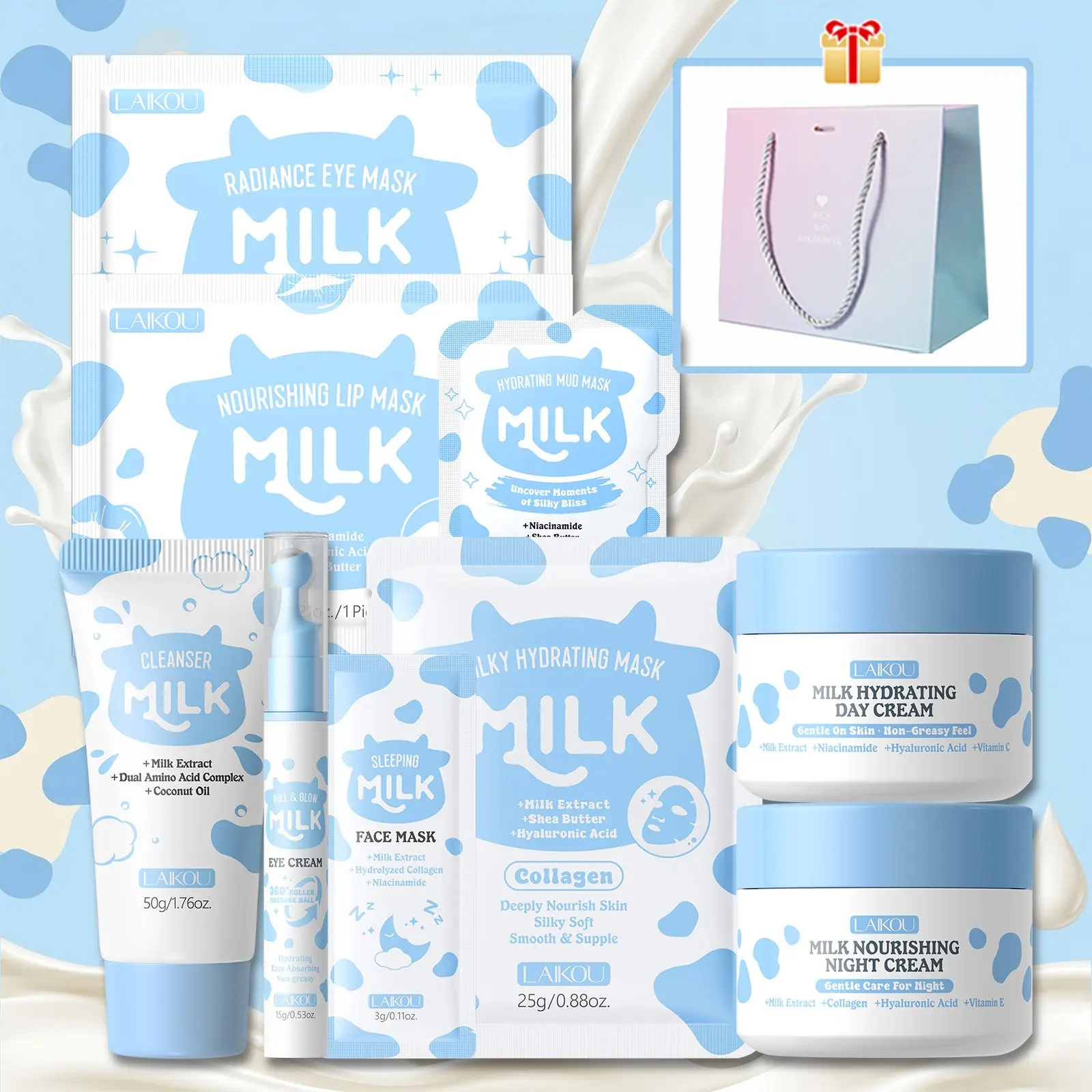 LAIKOU Milk Nourishing Facial Essentials Moisturizer Set, Beauty Gift Set, Facial Care Set, 9-In-1 Intense Hydrate Moisturizing Set with Silk Hydrating Collagen Mask, Eye Mask & Lip Treatment, Skin Softening Routine for Healthy Complexion
