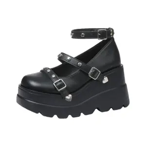 Women's Wedges Black Pumps Platform Mary Janes Shoes Comfortable Heels With Cute Bow Gothic Closed Toe