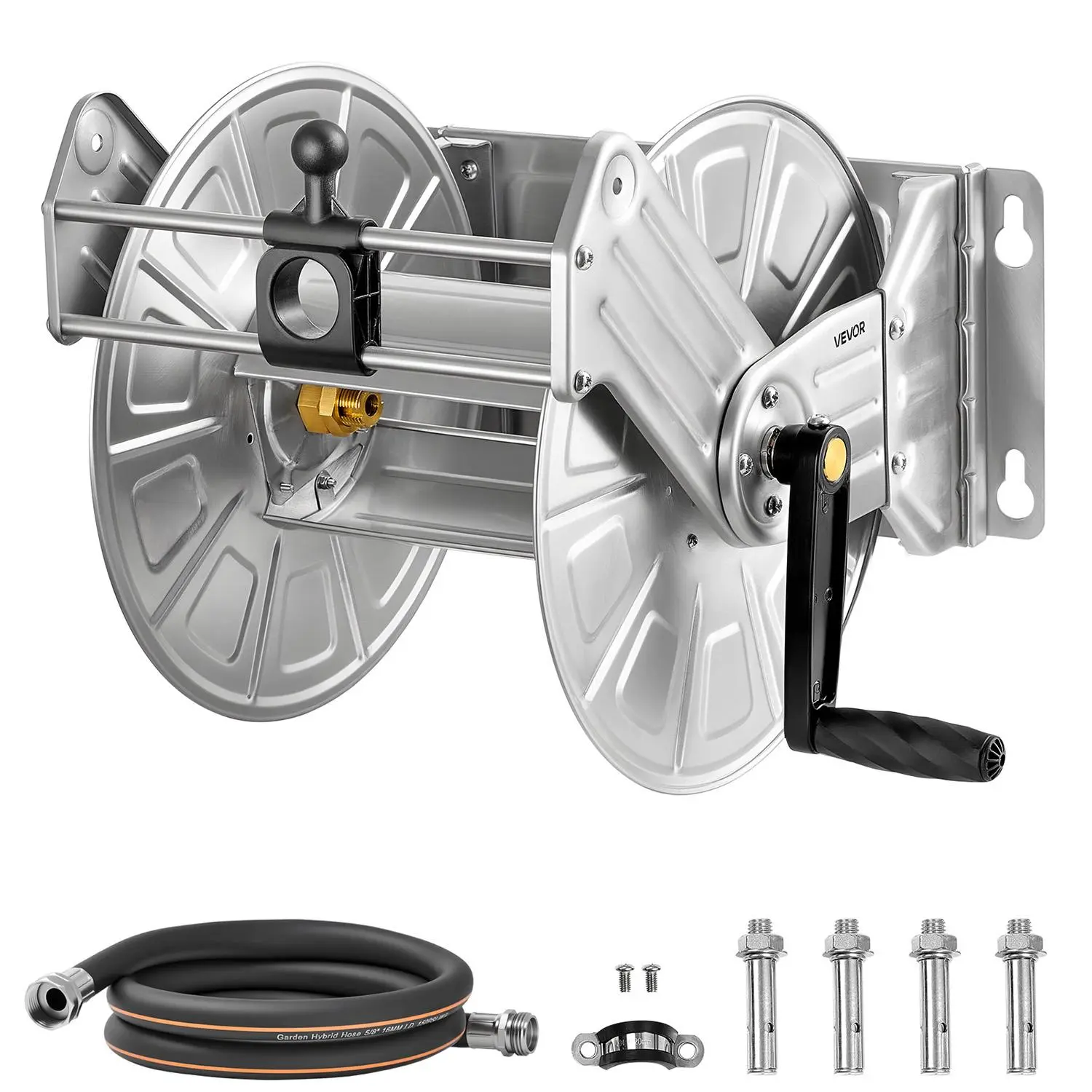 【SummerFinds】VEVOR Wall Mounted Garden Hose Reel,  Holds 150 ft 5/8-inch Water Hose Winder, Heavy-Duty Stainless Steel, Outdoor Manual Reel with Brass Fitting & Hose Guide, Space Saving, for Yard Lawn Garage
