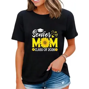 100% Cotton Class Of 2026 Proud Mom Of 2026 Senior Sunflower Graduation T-Shirt Casual Short Sleeve Shirt Women's Graphic Tees Customized Gifts