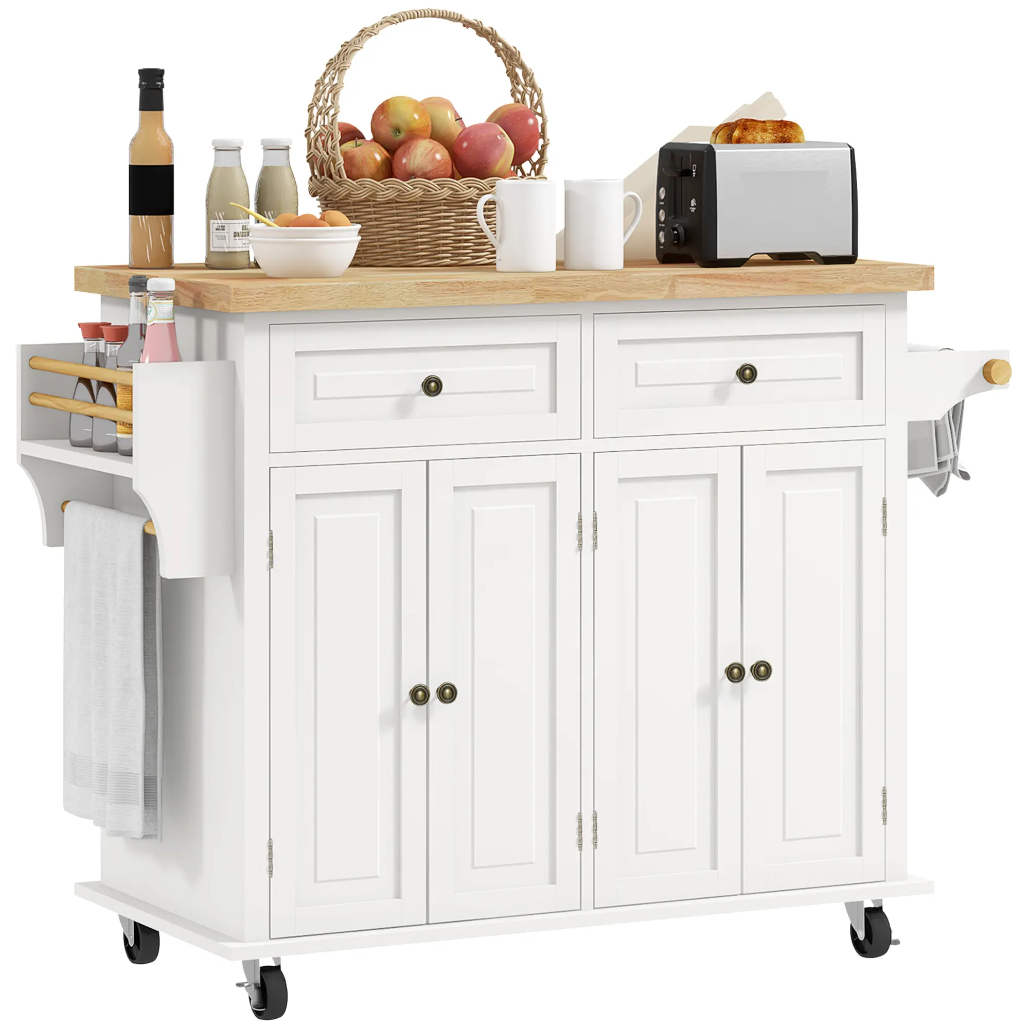 Kitchen Island on Wheels – Cream White. Rolling Cart with Rubberwood Top, Spice Rack, Towel Rack & Drawers. 43.75"W x 17.5"D x 32.5"H