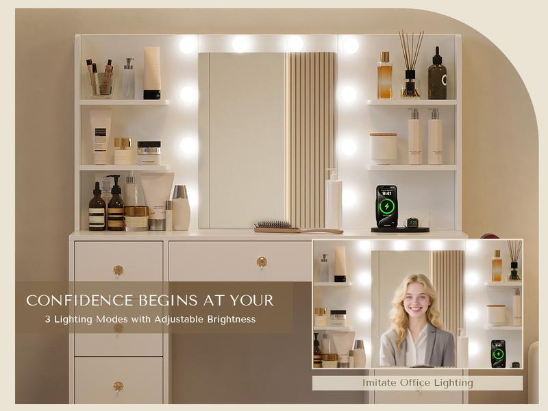 [New Year Deals] Vanity Desk with Mirror Lights 9 Drawers 6 Storage Shelves Dressing Table Power Outlet 3 Color Modes 10 LED Bulbs for Girls Bedroom,Gift for Daughter, Wife & Mom – Girls Bedroom Essential