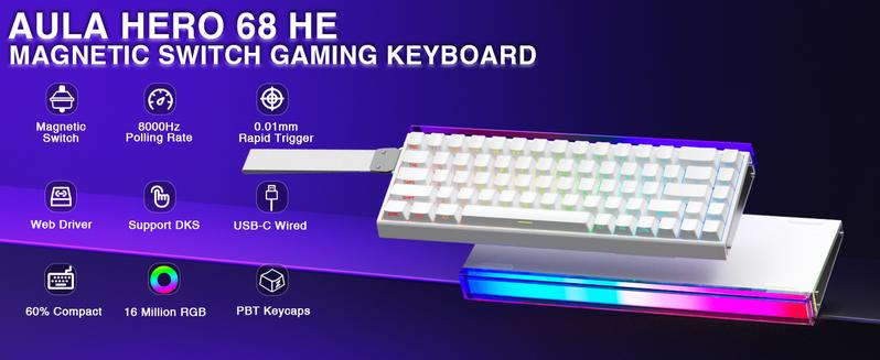 AULA Hero 68 HE 60% Gaming Keyboard Wired, Hall Effect Magnetic Switch Keyboard with 8K Hz Polling Rate, Side Printed PBT Keycaps, RGB Neon Light Box, Customizable Web Software for PC/Mac Gamers