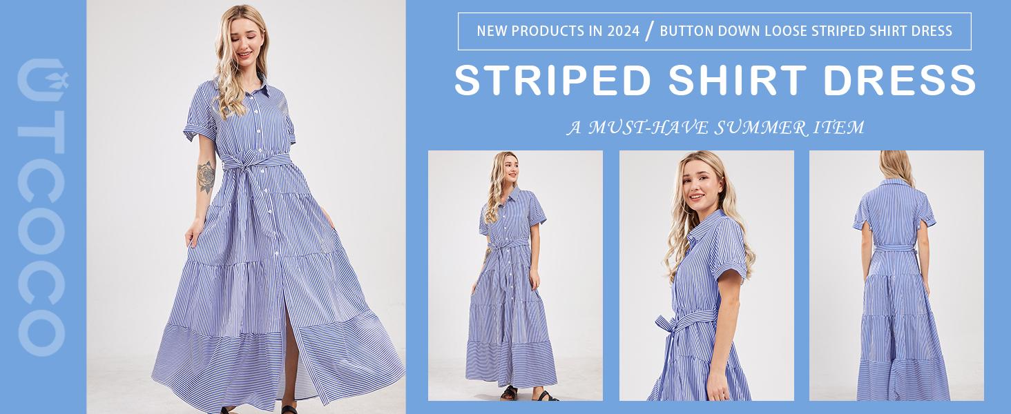CHARTOU women's summer striped shirt dress casual short sleeve ruffle dress with belt Blue Shortsleeve