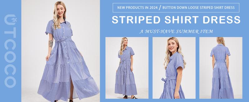 CHARTOU women's summer striped shirt dress casual short sleeve ruffle dress with belt Blue Shortsleeve