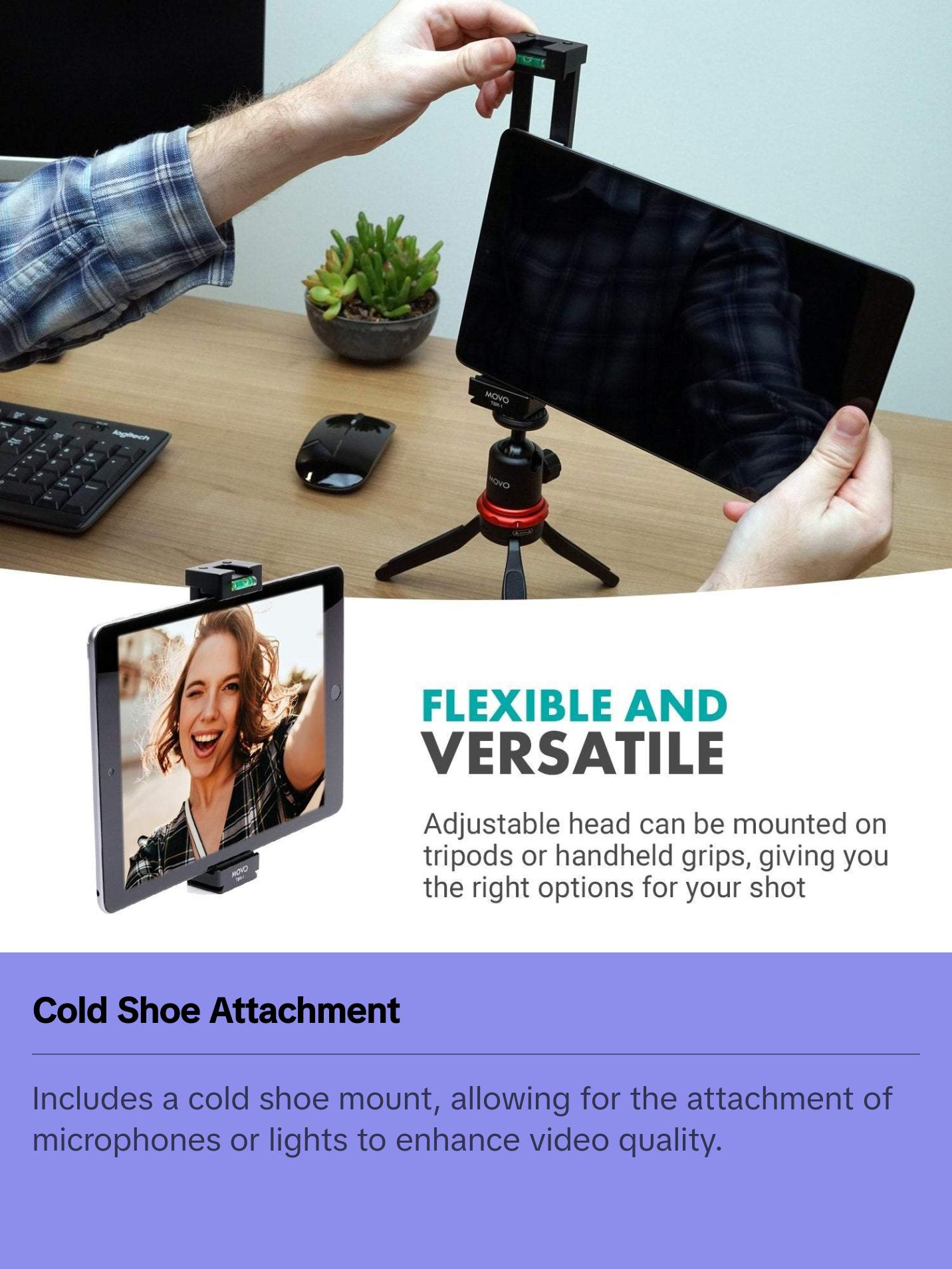 Movo - TBR-1 Universal Tablet Tripod Mount with Cold Shoe for Mini Microphone, Aluminum, Compatible with iPad, Samsung Galaxy, Android Tablets