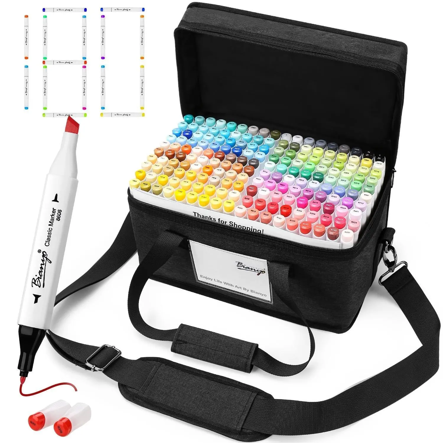 Bianyo Double Ended Writing Pens - 36/72/180-Color Alcohol Markers with Fine & Chisel Tips, Self-Adhesive Labels, Canvas Travel Case, Build Your Own Coloring Book, Multiple Sets, Back-to-School Ready School Supplies for Artists, Dual Tip Pens