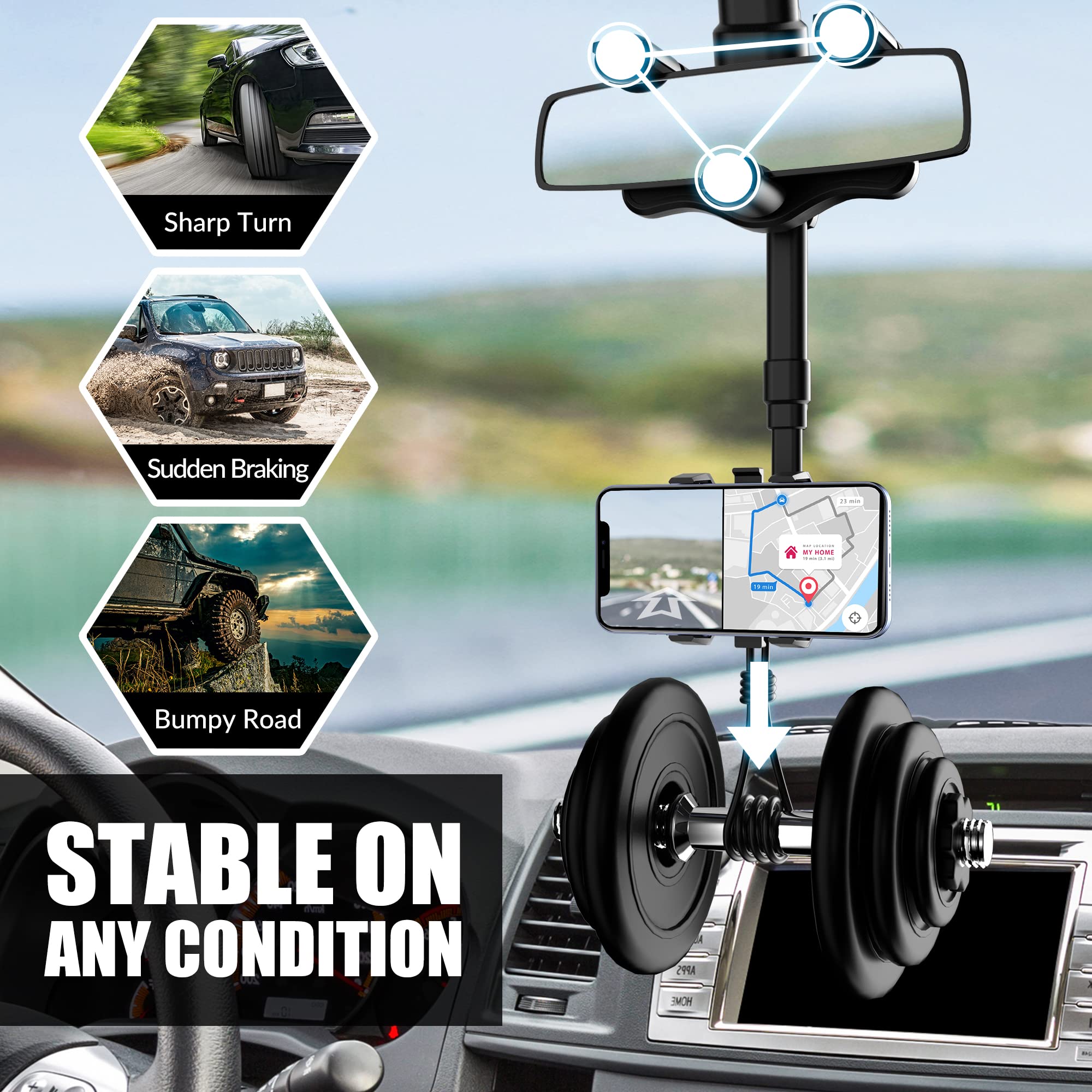 360° Rotating Rearview Mirror Phone Holder: Retractable, Strong Grip, Durable Universal Holder, Perfect for Hands-Free Use in the Car - Safe Practical