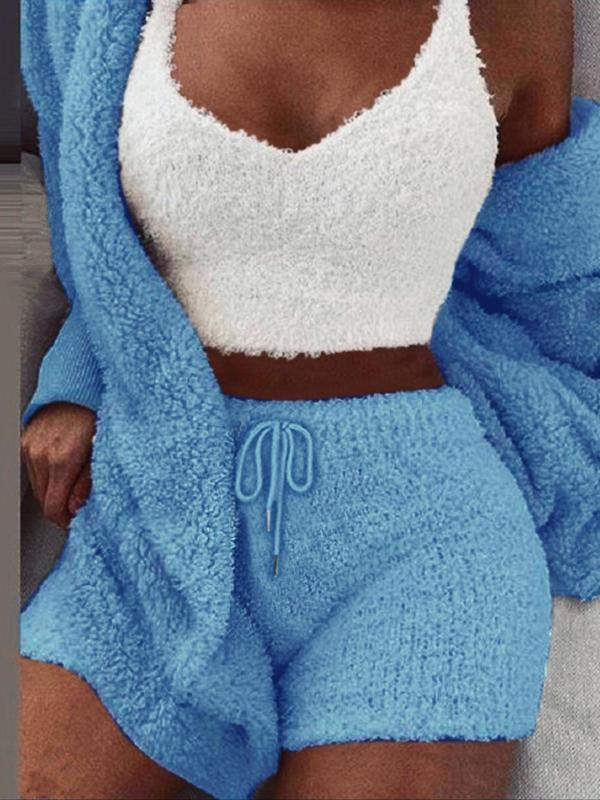 Women's Solid Color Plush Three-piece Pyjama Set, Fluffy Pajamas, Casual Comfy V Neck Cami Top & Hooded Coat & Tie Front Shorts Loungewear Set, Pajama Sets Women, Women's Sleepwear for Winter, Fluffy Pajamas, Cute Pajama Sets, Sleep Sets, Womenswear, Pjs