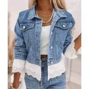 Women's fashionable lace trimmed short denim jacket with patchwork lace casual denim top, with pockets, suitable for spring and autumn jackets, blue fabric, suitable for women's long sleeved basic style