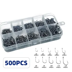 500 PCS Fish Hooks 10 Sizes Fishing Black Silver Sharpened With Box Quality kit